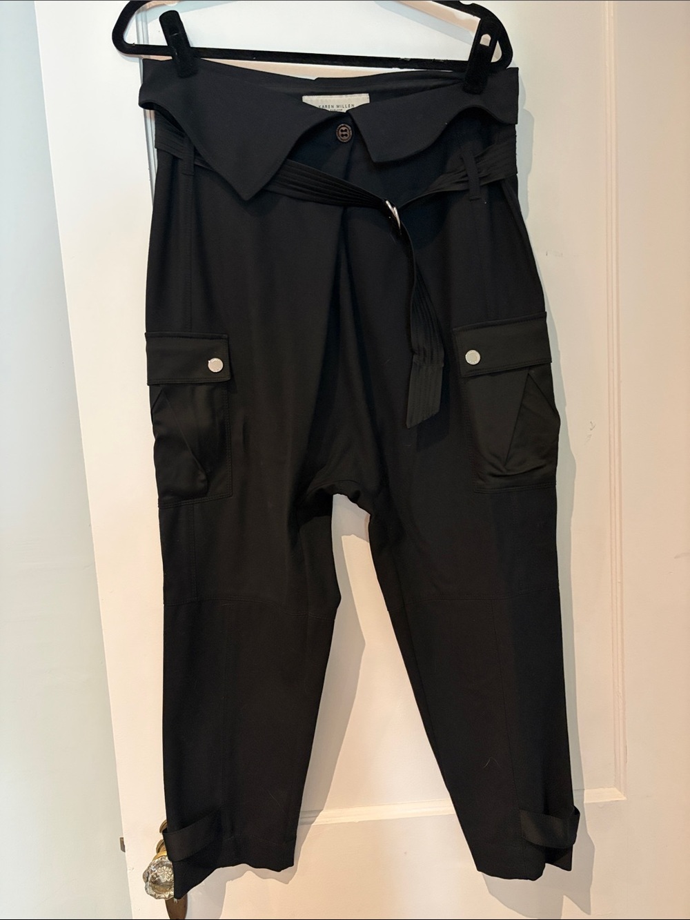 Karen Millen Black Paperbag Waist Cargo Trousers – Size 8